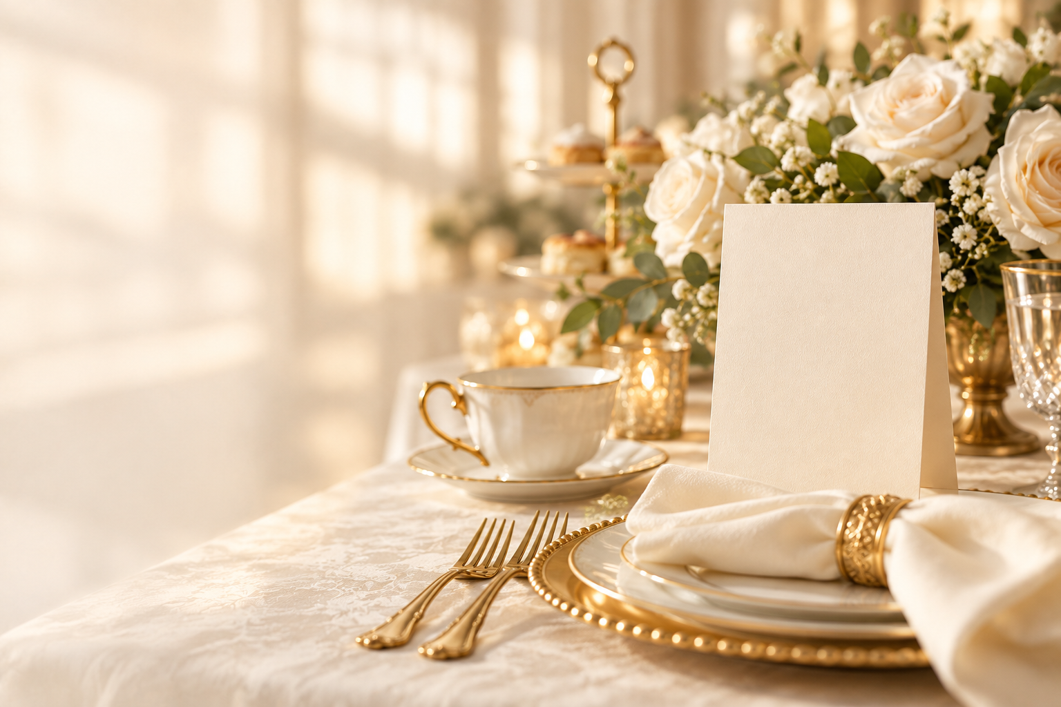 Sunlit event table with flowers